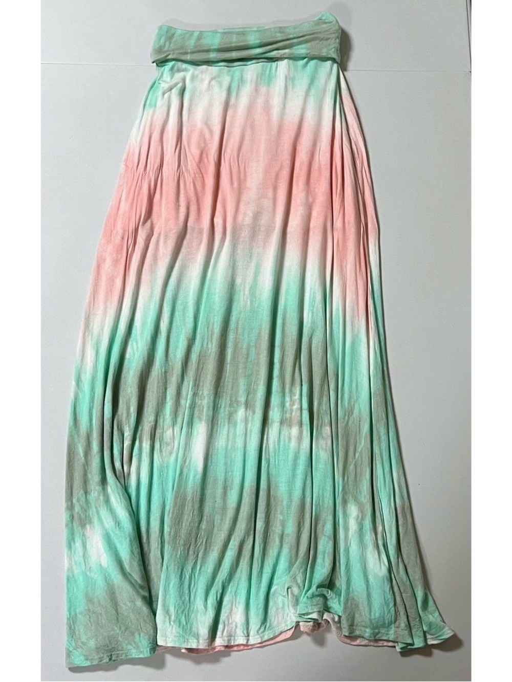 Mint Green Teal Pink Tie Dye Foldover Y2K Maxi Skirt Bottoms Size S 🪷✨ #boho